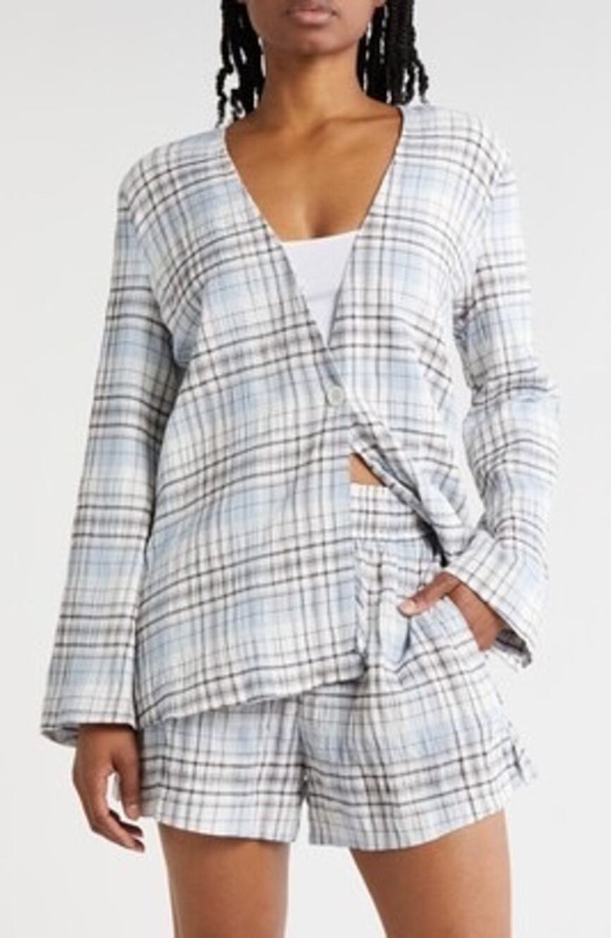 Melrose and Market Plaid Seersucker Blazer Womens S Blue White Oversized Coastal
